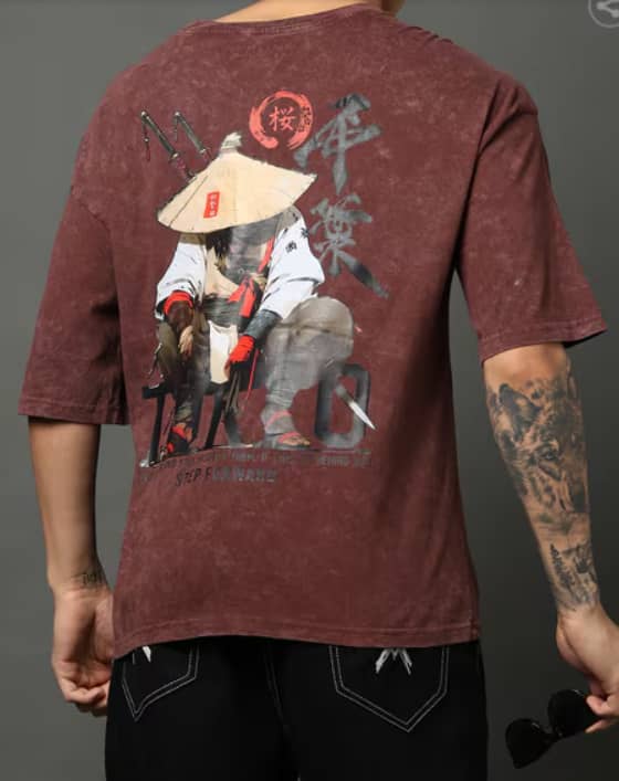 Urban Buy Maroon Samurai Graphic Oversized T-Shirt for Men