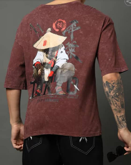 Urban Buy Maroon Samurai Graphic Oversized T-Shirt for Men